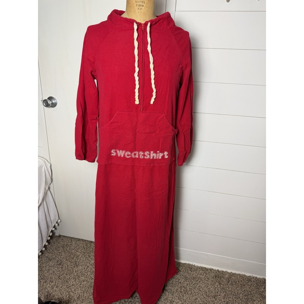 Vintage 1970's JC Penney Red Sweatshirt Zip Front Gown w/ Pockets Women's S